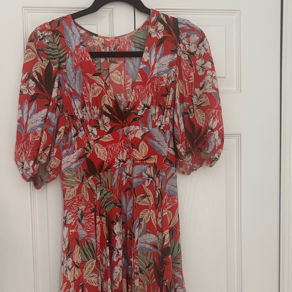 Maje Red and Green Floral Midi Dress